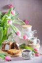 Still life, concept of early spring breakfast with coffee or tea and cupcake Royalty Free Stock Photo