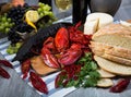 Still life with cooking marine products, wine and cheese Royalty Free Stock Photo