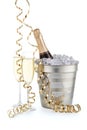 Bottle with champagne and two full wineglasses Royalty Free Stock Photo