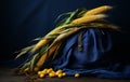 still life with corn cobs over cast iron plate and blue muslin Royalty Free Stock Photo