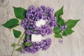 Still life of cosmetic products in bottles of white and beautiful lilac flowers in the form of a bunch laid out on the table