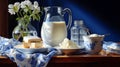 Still life with cottage cheese, milk and curds on a wooden table