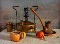 Still life with a cup of aromatic coffee brewed in a Turk on an old primus stove.