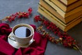 Still life with cup of hot espresso coffee, red sweater and group of books on stone textured background with barberry twigs. Conce