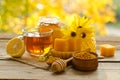 Still life from cup of tea , lemon, honey, wax Royalty Free Stock Photo