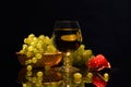 Still life on a dark background. Wine liquor glasses, pomegranates and grapes in the basket. Royalty Free Stock Photo