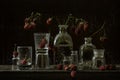 Still life in dark moody style with raspberries berries and glass Royalty Free Stock Photo