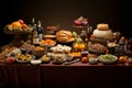 Still life of delicious food in plates on table. Grapes, corn, herbs, nuts, turkey, cheese, wine, meat, vegetables and fruits on Royalty Free Stock Photo