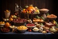 Still life of delicious food in plates on table. Grapes, corn, herbs, nuts, turkey, cheese, wine, meat, vegetables and fruits on Royalty Free Stock Photo