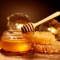 Still life with liquid honey in jar, honeycomb and wooden dipper. Generative Ai