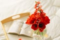 Still life details in home interior of living room. Open book and vase red tulips. Read and rest. Royalty Free Stock Photo