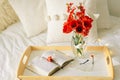 Still life details in home interior of living room. Open book and vase red tulips. Read and rest. Royalty Free Stock Photo