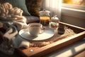 Still life details in home interior of living room Sweaters and cup of tea with steam on a serving tray on a coffee table Royalty Free Stock Photo