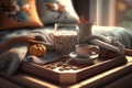 Still life details in home interior of living room Sweaters and cup of tea with steam on a serving tray on a coffee table Royalty Free Stock Photo