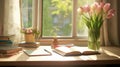 Still life of a diary near a vase of tulips, lit by window light. Generative AI Royalty Free Stock Photo