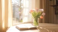 Still life of a diary near a vase of tulips, lit by window light. Generative AI Royalty Free Stock Photo