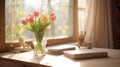 Still life of a diary near a vase of tulips, lit by window light. Generative AI Royalty Free Stock Photo