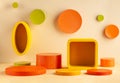 Still life with different colorful podium for products presentation or exhibitions. Abstract autumn background of geometric