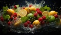 Still life of different fruits, as orange , limes and raspberries, falling in water Royalty Free Stock Photo
