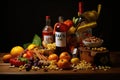 Still life with different kinds of pasta, olives, wine and fruits, Composition with food products rich in iron, AI Generated