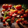 Still life, different varieties of tomato scattered on a wooden table, soft morning light, top view Royalty Free Stock Photo