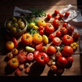 Still life, different varieties of tomato scattered on a wooden table, soft morning light, top view Royalty Free Stock Photo