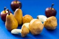 Still life display of four mushrooms by apples