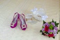 Still life on the double bed of the accessories of a bride on her wedding day Royalty Free Stock Photo