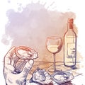 Still life drawing witha a hand holding oyster a bottle of white wine and a couple of oysters laying on a table. Blank