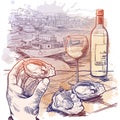 Still life drawing witha a hand holding oyster a bottle of white wine and a couple of oysters laying on a table