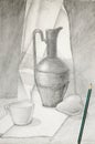 The still life is drawn in pencil. The concept of learning to draw