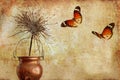 Still life with the dry in a cooper pot and colorful butterflies Royalty Free Stock Photo