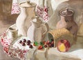 Still life with earthenware jugs and fresh berries