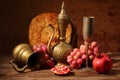Still-life in east style with grapes, a pomegranate and a jug Royalty Free Stock Photo