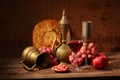 Still-life in east style with grapes, a pomegranate and a jug Royalty Free Stock Photo