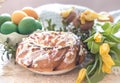 Still life with Easter cake and colored eggs