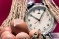 Still life with eggshells and eggs, old broken alarm clock, paddy rice seed, red background. Royalty Free Stock Photo