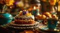 Still Life, elaborate Mardi Gras king cake on decorated table, carnival setting, festive blues and yellows, carnival