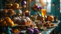Still Life, elaborate Mardi Gras king cake on decorated table, carnival setting, festive blues and yellows, carnival