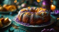 Still Life, elaborate Mardi Gras king cake on decorated table, carnival setting, festive blues and yellows, carnival