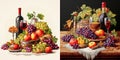 Still life embroidery with wine and fruits. Set of simple cross stitch patterns. Cross stitching rustic still life illustrations