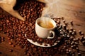 Espresso cup with jute bag and coffee beans Royalty Free Stock Photo