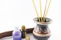 Still life with essences, incense burners, table for incense bur Royalty Free Stock Photo