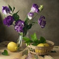 Still life eustoma purple flowers and lemons