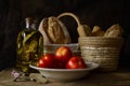 Still life with extra virgin olive oil, tomatoes, garlic and bread Royalty Free Stock Photo