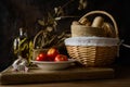 Still life with extra virgin olive oil, tomatoes, garlic and bread Royalty Free Stock Photo