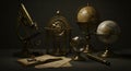 Antique scientific instruments still life, ai generated Royalty Free Stock Photo