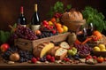 still life featuring a bountiful spread of fresh fruits and vegetables, accompanied by a bottle of rich red wine Royalty Free Stock Photo