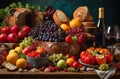 still life featuring a bountiful spread of fresh fruits and vegetables, accompanied by a bottle of rich red wine Royalty Free Stock Photo