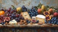 Still Life Featuring Cheese Grapes Figs and Apples Royalty Free Stock Photo